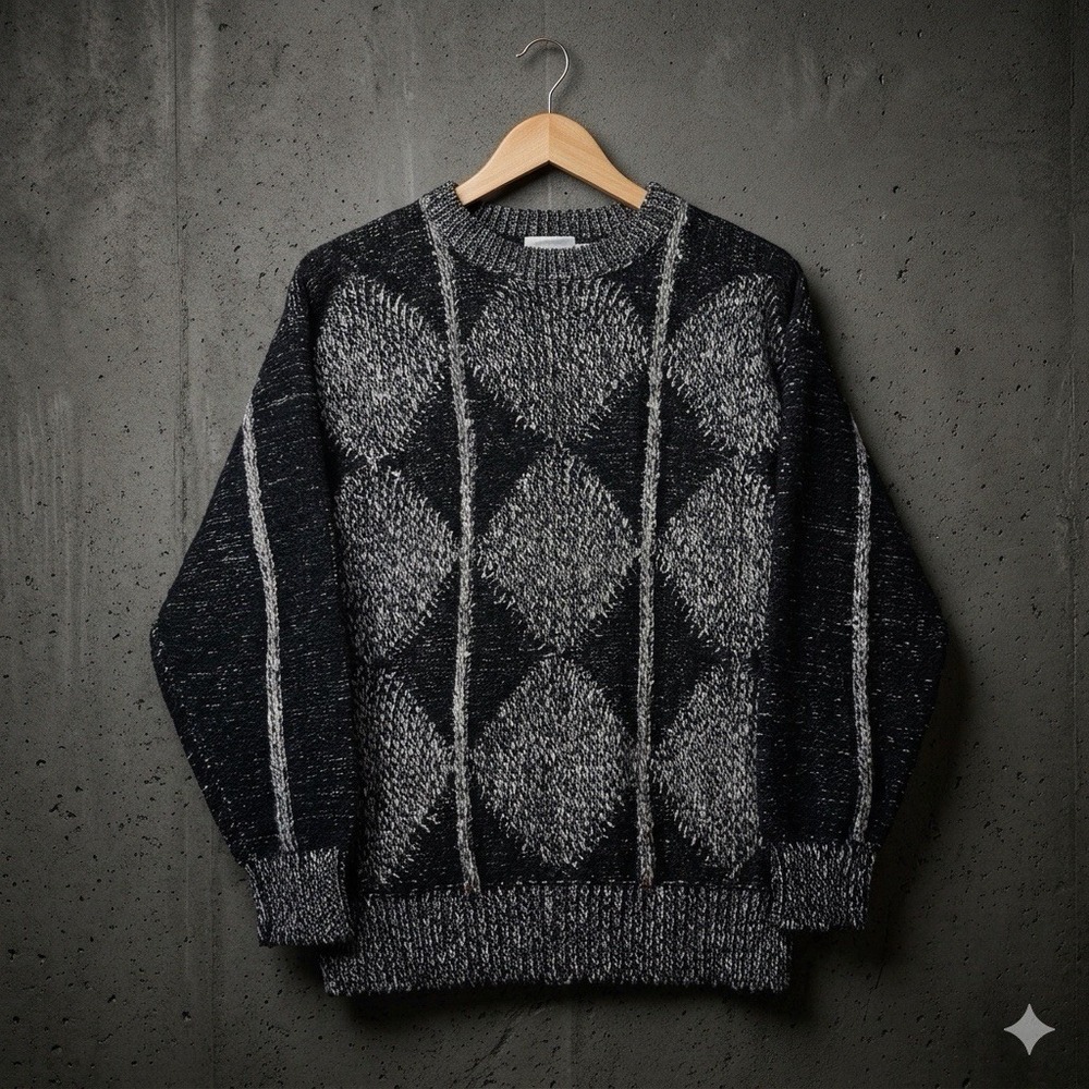 Bugatchi Vintage Sweater Mens L Gray Black Textured Geometric Knit 90s